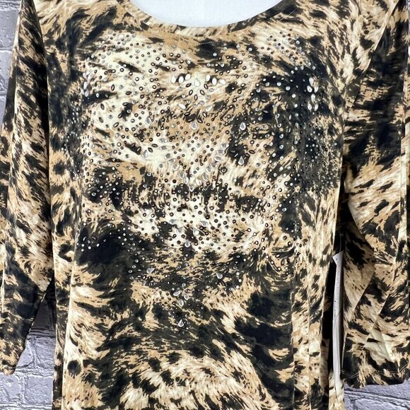 Onque Casuals Womens Animal Print Top XL 3/4 Sleeve Rhinestone Embellished Cotto - Picture 6 of 7